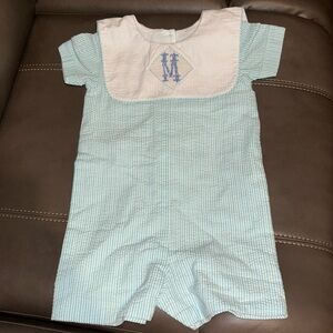 Beaux et Belles blue, teal and white seersucker with sailor collar and smocked M